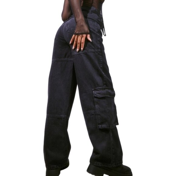 PrettyLittleThing Tall Wide Leg Black Denim Style Cargo Pants, Size 12 (Tall) - Picture 2 of 7